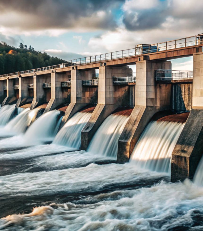 A concrete dam with water flowing over it